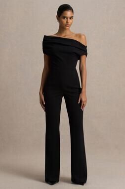 NWT Club L London Alexandra Black Asymmetric Draped Flare Jumpsuit US 6